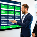 A professional team of diverse individuals, including men and women, collaboratively managing a modern commercial property. They are gathered around a large interactive digital screen displaying real-time data on building performance, energy consumption, and tenant satisfaction metrics. The office environment is bright, minimalist, and features elements of green design and sustainable materials. All subjects are in modest business attire and professional dress. The image should convey innovation and efficiency in commercial real estate management. Perfect anatomy, correct proportions, natural poses, well-formed hands, proper finger count, natural body proportions, high-quality professional photography, detailed, sharp focus, natural lighting, safe for work, appropriate content, fully clothed, professional.